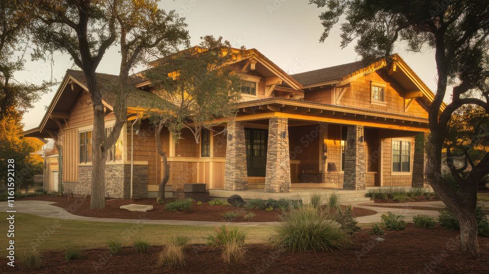 Obraz premium Charming wooden bungalow with stone accents and a welcoming porch, nestled in a serene landscape at golden hour.