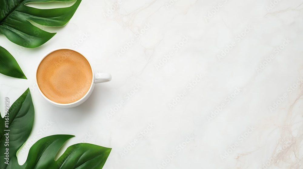 Minimalist Top View of Coffee Cup on Marble Surface with Green Leaves, Perfect for Modern Design Aesthetics and Branding in Cafes, Restaurants, or Social Media Marketing, Capturing Calm Vibe Minimalist Top View of Coffee Cup on Marble Surface with Green Leaves, Perfect for Modern Design Aesthetics and Branding in Cafes, Restaurants, or Social Media Marketing, Capturing Calm Vibe
