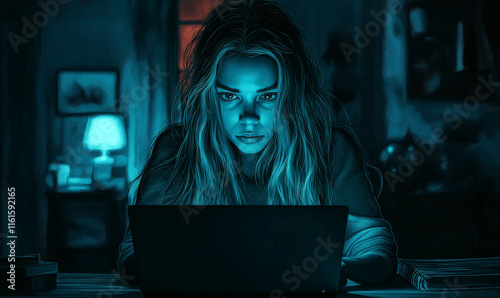 Woman looking at a laptop screen in a dark room