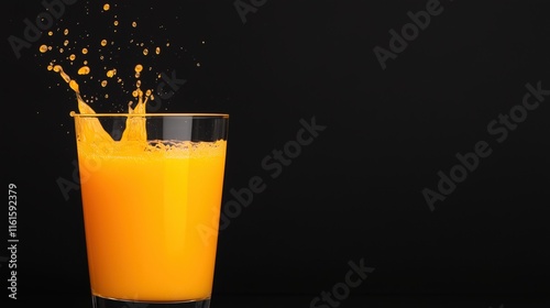 Fresh Orange Juice Splashing in Glass Against Black Background Capturing Vibrant Citrus Explosion in Slow Motion for Refreshing Beverage Advertising and Healthy Lifestyle Campaign photo