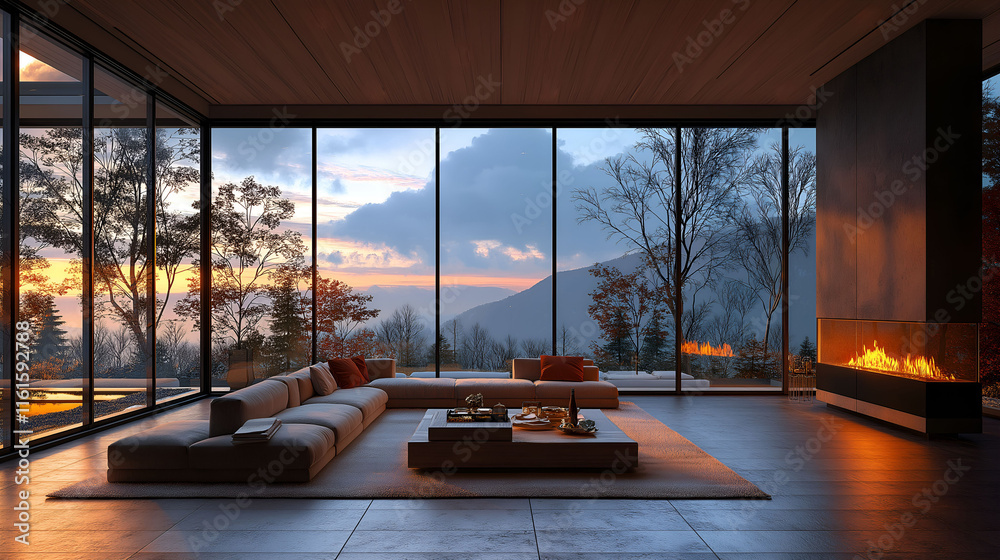 Fototapeta premium Aesthetic minimalist apartment interior with fireplace. Panoramic big windows. Modern design. Winter landscape with mountain view.