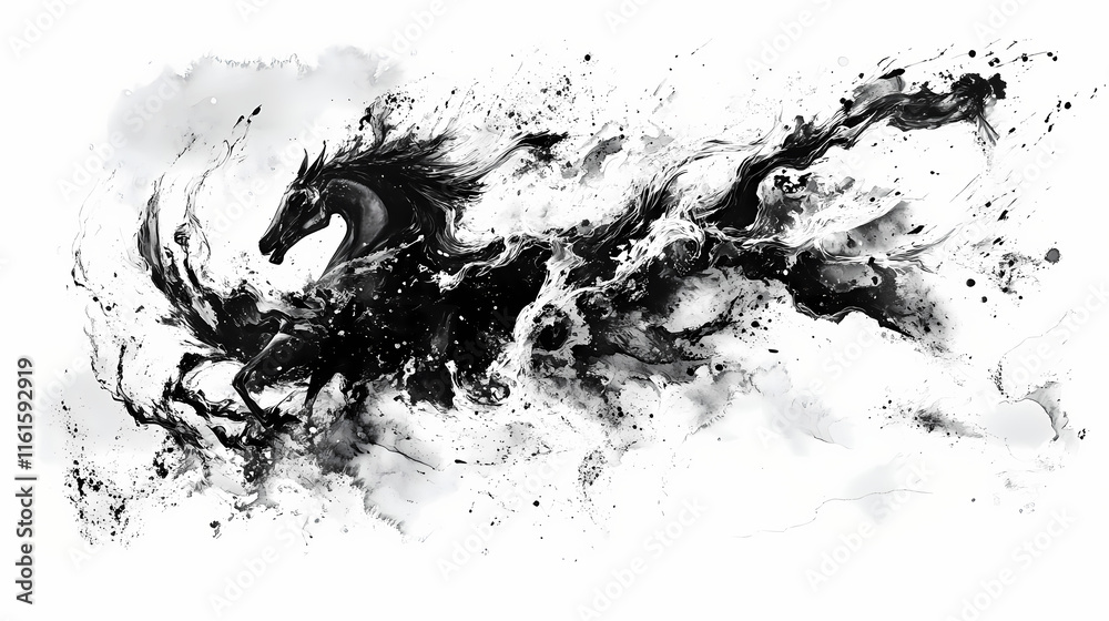 Monochromatic abstract painting: dynamic ink splashes on white canvas ai generated. Vesperal. Illustration Monochromatic abstract painting: dynamic ink splashes on white canvas ai generated. Vesperal. Illustration
