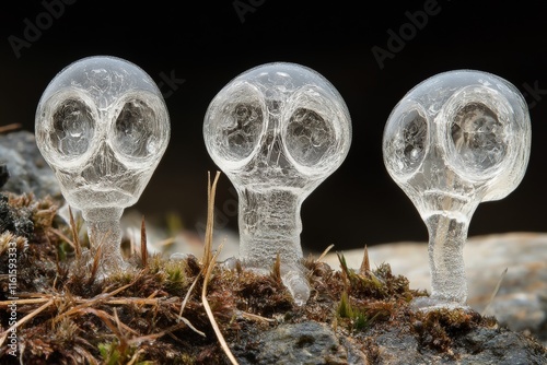 Unique ice formations resembling small figures found in a natural setting during winter months photo