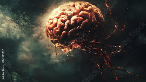 Pulsating brain like creature with mind controlling tendrils in a nightmarish halloween scene with chiaroscuro styling. Vesperal. Illustration photo