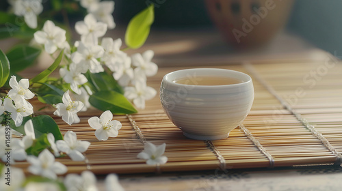 Traditional Asian-style tea set with jasmine tea served in a porcelain cup, surrounded by fresh jasmine flowers, resting on a bamboo mat, evoking a serene and peaceful tea ceremony photo