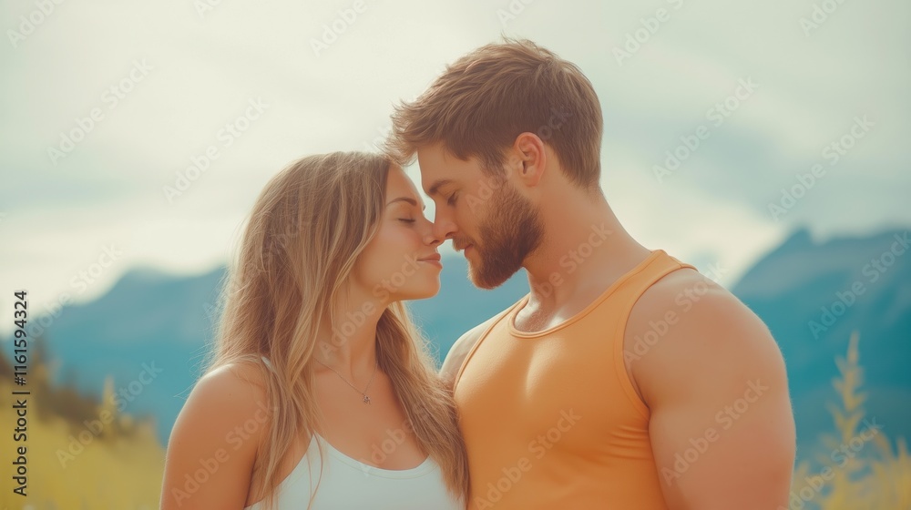 Romantic couple embracing nature in serene mountain landscape Romantic couple embracing nature in serene mountain landscape