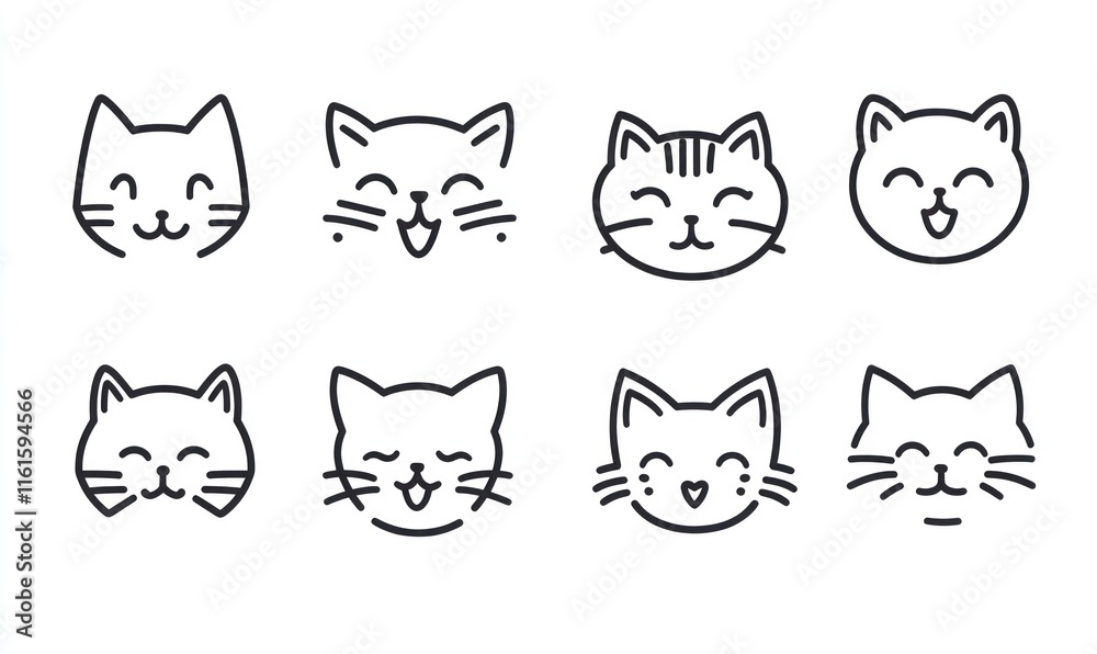 Eight cute cartoon cat faces in line art style. Eight cute cartoon cat faces in line art style.