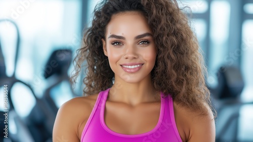 Free Download Confident woman with curly hair in gym wearing pink top smiling - GFXLoad