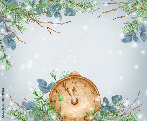 New Year background with retro clock and winter greenery, spruce, pine tree twig and eucalyptus branch against background of snowfall.  Christmas design for greeting or invitation.