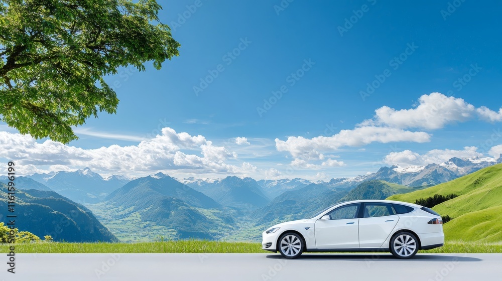Naklejka premium Eco Friendly Electric Car Mountain Road Trip Scenic View