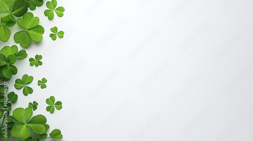 Fresh green clover leaves on white background: nature-inspired minimalist design Fresh green clover leaves on white background: nature-inspired minimalist design
