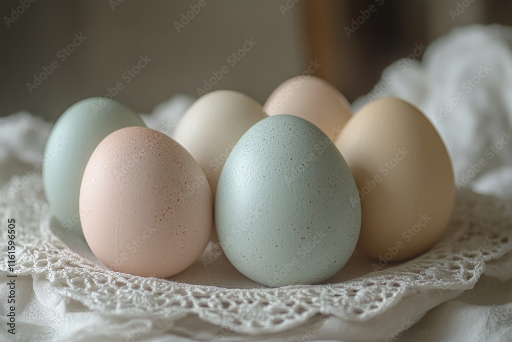 Decorative pastel eggs arranged on a lace plate in a cozy indoor setting during springtime Decorative pastel eggs arranged on a lace plate in a cozy indoor setting during springtime