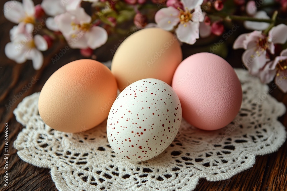 Decorative eggs arranged on a lace doily with blossoming flowers in the background during springtime celebrations Decorative eggs arranged on a lace doily with blossoming flowers in the background during springtime celebrations