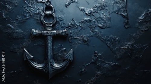 Dark blue textured background with a metallic anchor. photo