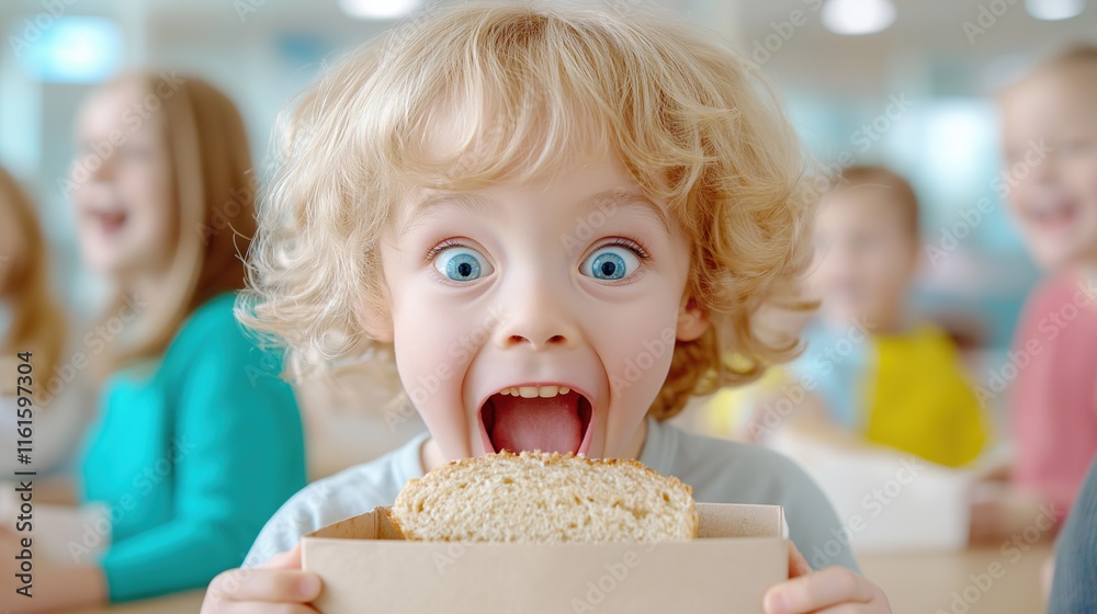 Excited child with sandwich in classroom setting Excited child with sandwich in classroom setting