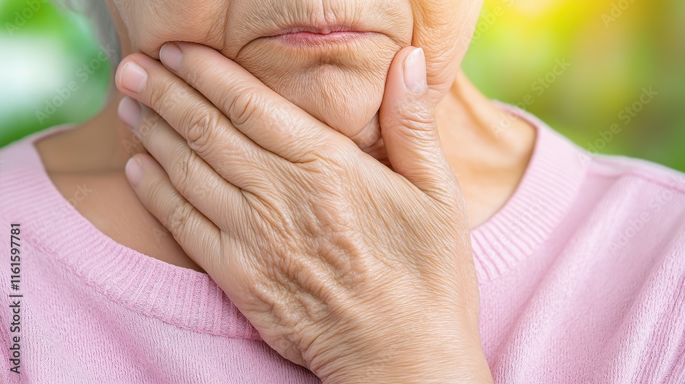 Fototapeta premium Elderly woman holding jaw in pain with wrinkled hand on chin in outdoor setting