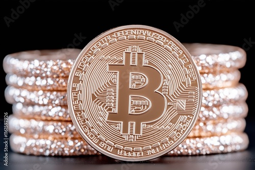 Shiny bitcoin coin stack with glittering background highlighting cryptocurrency wealth photo