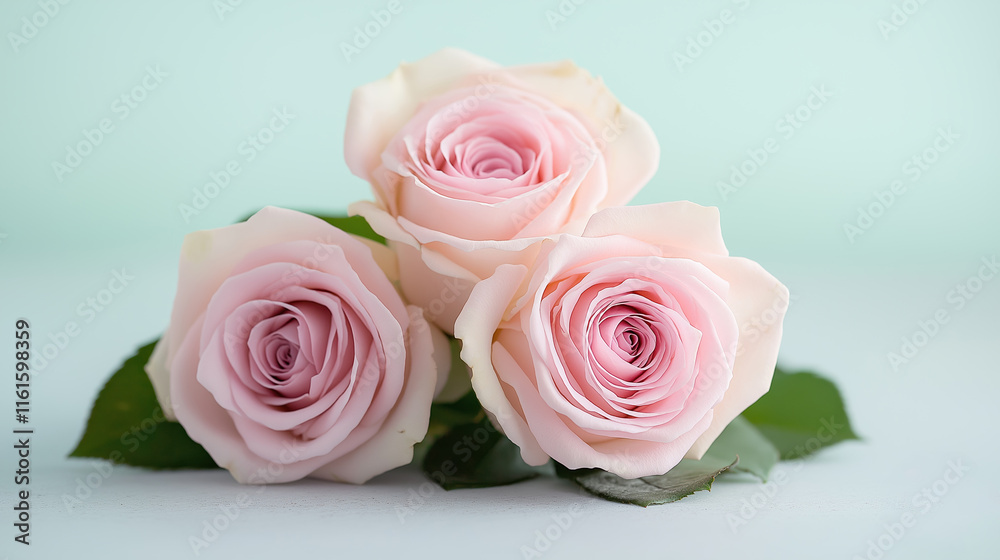 Elegant trio of pink roses on soft pastel background Elegant trio of pink roses on soft pastel background