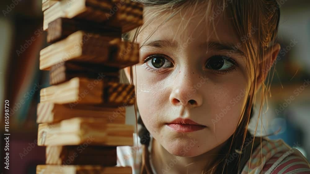 A young girl concentrates on carefully balancing a game of Jenga where the blocks are made of oppositepolarity antimatter.