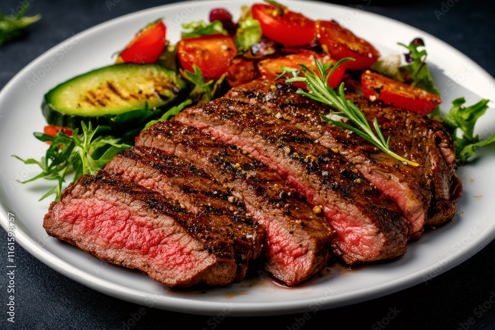 Perfectly grilled steak slices served with a variety of fresh vegetables, including grilled zucchini and cherry tomatoes, garnished with rosemary on a white plate. Perfectly grilled steak slices served with a variety of fresh vegetables, including grilled zucchini and cherry tomatoes, garnished with rosemary on a white plate.