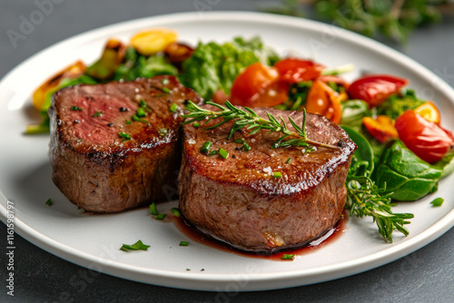 Two tender filet mignon steaks, cooked to perfection, accompanied by a medley of vegetables and herbs, including spinach and cherry tomatoes, on a chic plate. photo