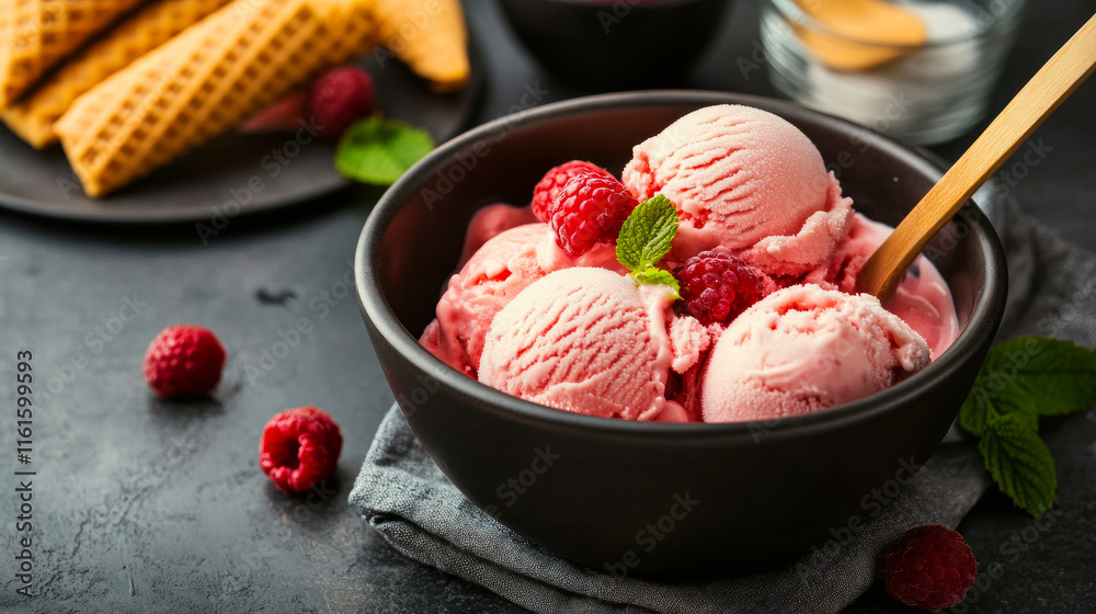 Elegant scoops of raspberry ice cream in a dark bowl, garnished with fresh raspberries and mint leaves, creating a refined and refreshing treat experience. Elegant scoops of raspberry ice cream in a dark bowl, garnished with fresh raspberries and mint leaves, creating a refined and refreshing treat experience.