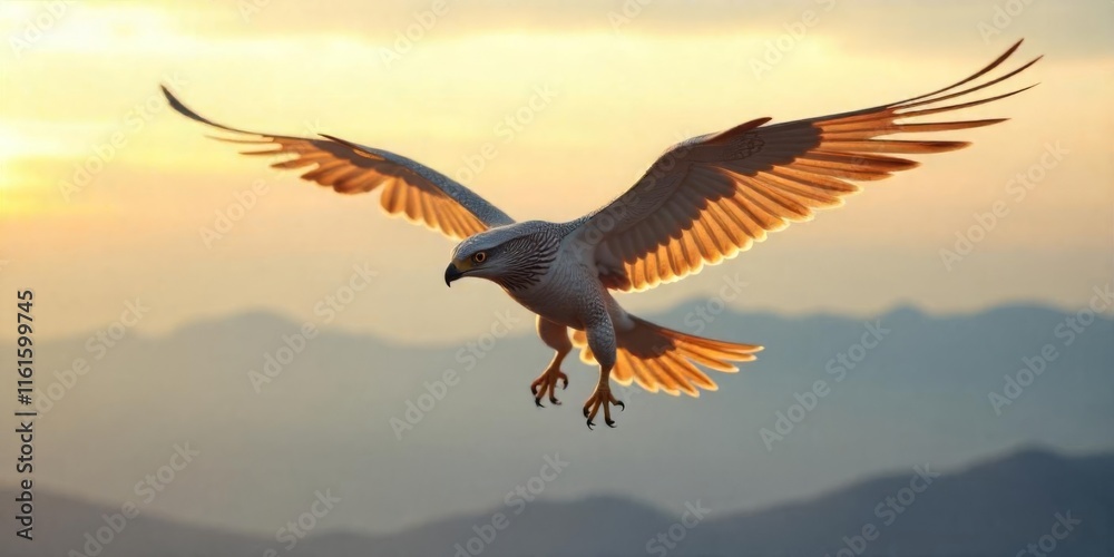 Majestic bird of prey soaring through the sunset sky over distant mountains Majestic bird of prey soaring through the sunset sky over distant mountains