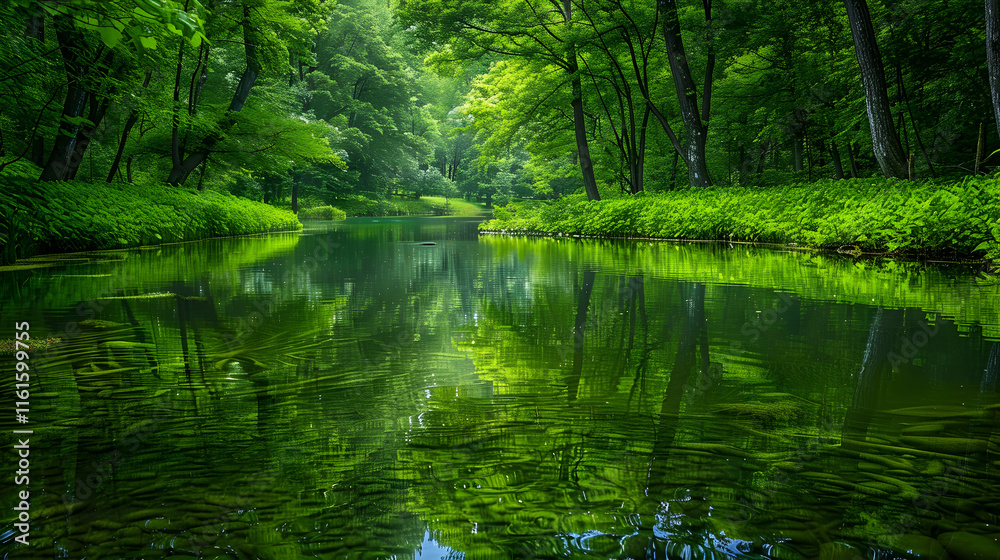 Serene Reflection of Lush Green Forest on Tranquil Water Surface Serene Reflection of Lush Green Forest on Tranquil Water Surface