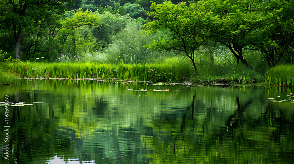 Serene Green Landscape with Tranquil Pond and Lush Vegetation Serene Green Landscape with Tranquil Pond and Lush Vegetation