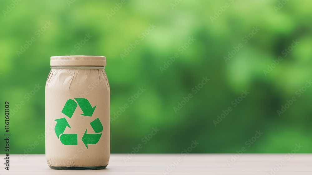 Glass Jar with Universal Recycling Symbol on Natural Green Background Illustrating Environmental Conservation and Sustainability for Eco-Friendly and Waste Management Concepts in Stock Photography Glass Jar with Universal Recycling Symbol on Natural Green Background Illustrating Environmental Conservation and Sustainability for Eco-Friendly and Waste Management Concepts in Stock Photography