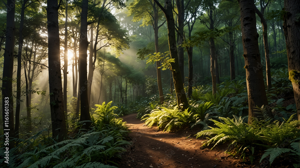 Forest Path Illuminated by Dappled Sunlight in Dense Canopy Forest Path Illuminated by Dappled Sunlight in Dense Canopy