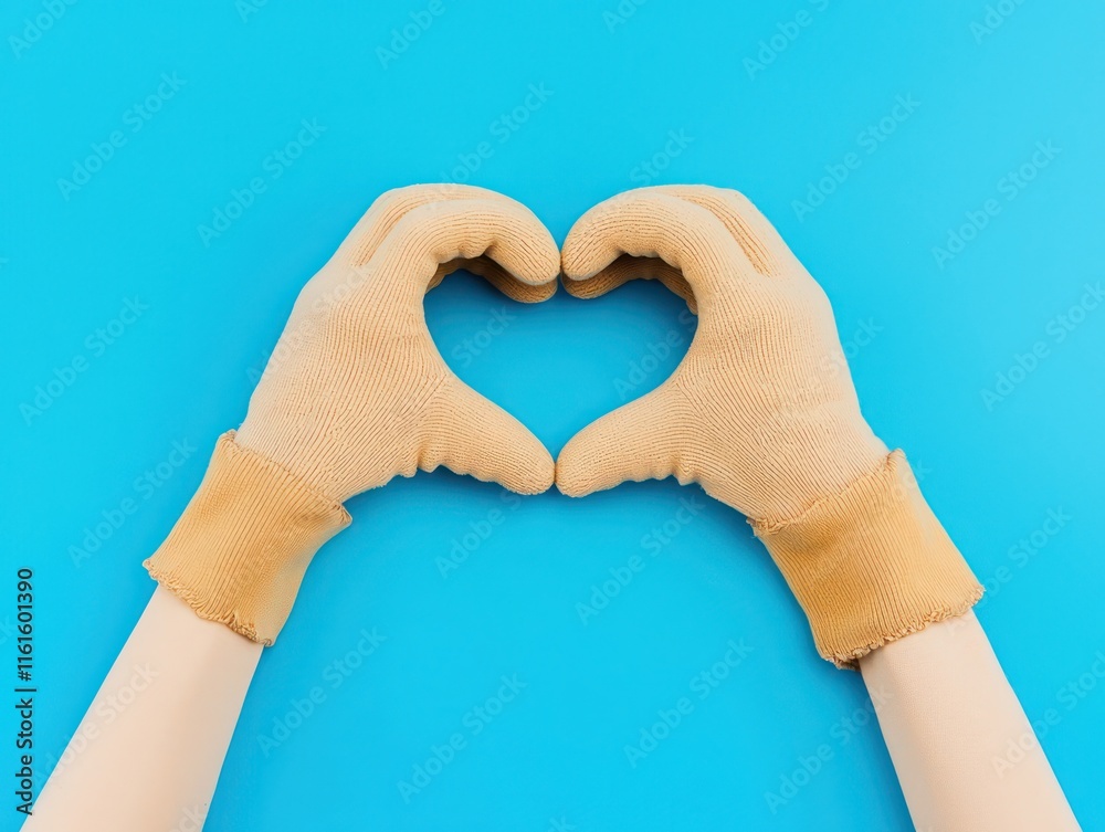 Hands in gloves making a heart shape on a blue background Hands in gloves making a heart shape on a blue background