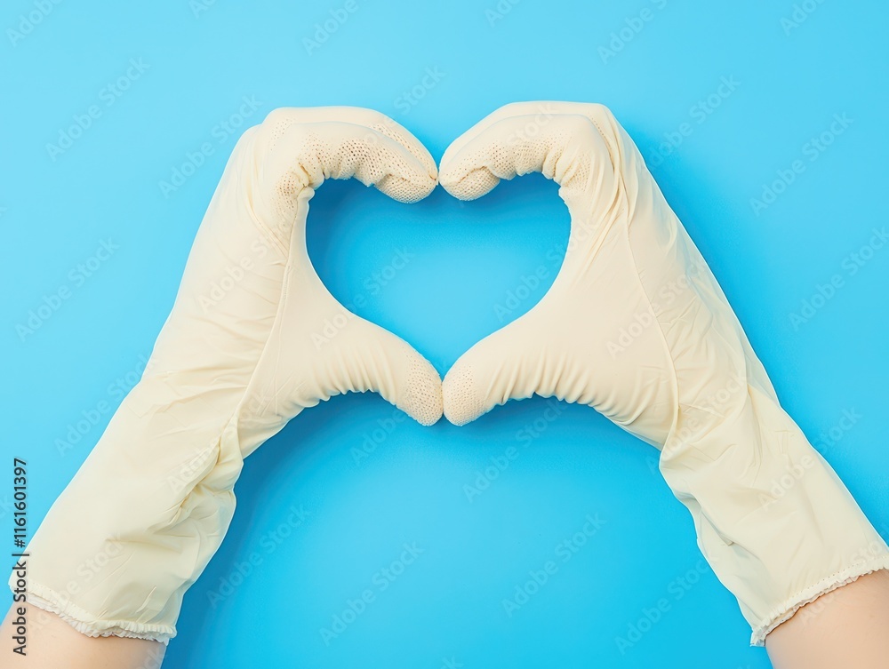 Hands in gloves making a heart shape on a blue background Hands in gloves making a heart shape on a blue background