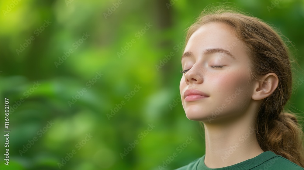 Tranquil Young Woman with Closed Eyes Breathing Deeply in Lush Green Forest Background for Relaxation Nature and Wellness Lifestyle Concept Tranquil Young Woman with Closed Eyes Breathing Deeply in Lush Green Forest Background for Relaxation Nature and Wellness Lifestyle Concept
