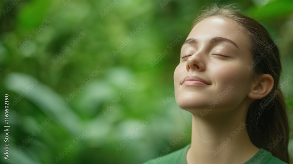 Young Woman Enjoying Nature with Eyes Closed in Lush Greenery for Relaxation and Mindfulness Concept Young Woman Enjoying Nature with Eyes Closed in Lush Greenery for Relaxation and Mindfulness Concept