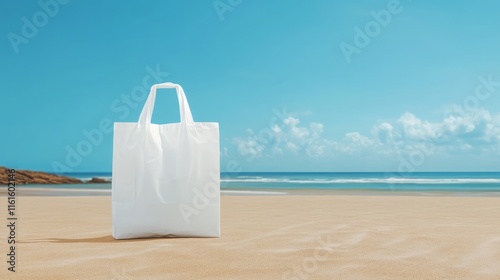 Biodegradable Bag on Sandy Beach Ocean Background Eco Friendly Shopping