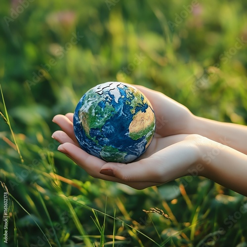 Symbolic representation of Earth in a woman s hand, surrounded by natural green grass, focused on ecology and saving the world photo