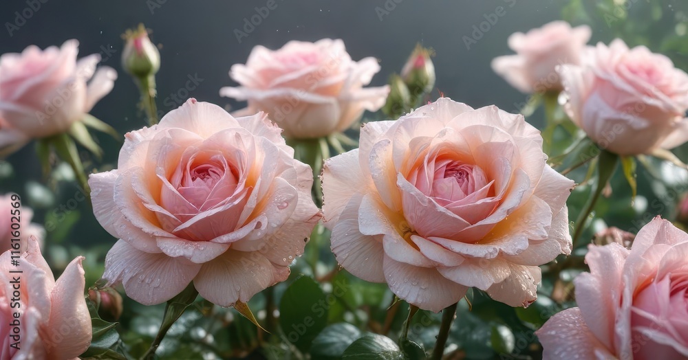 Soft petals of delicate pink roses unfolding in the morning dew, floral, nature, blooms Soft petals of delicate pink roses unfolding in the morning dew, floral, nature, blooms