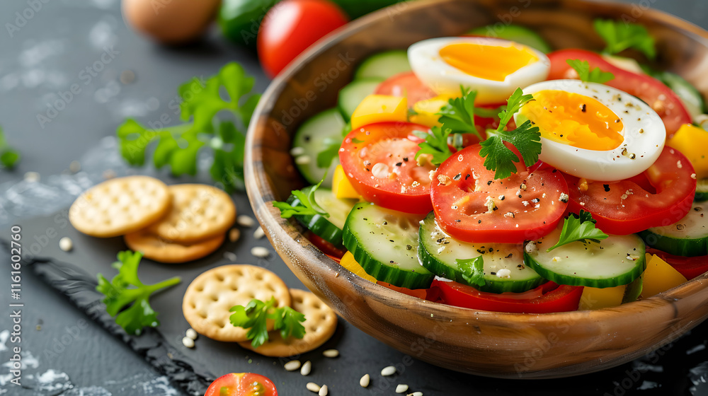 Fresh Vegetable Salad with Eggs and Crackers in Wooden Bowl Fresh Vegetable Salad with Eggs and Crackers in Wooden Bowl