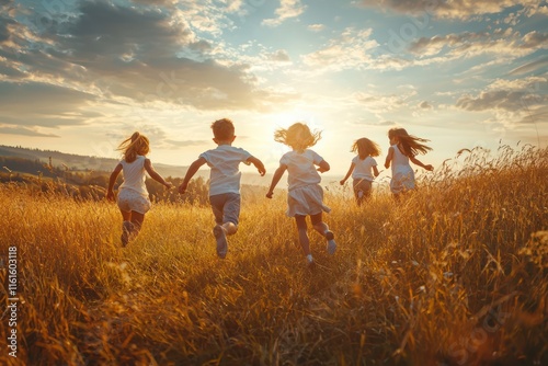 Fototapeta Naklejka Na Ścianę i Meble -  Playful group children running through a field, embodying freedom and against a bright sky