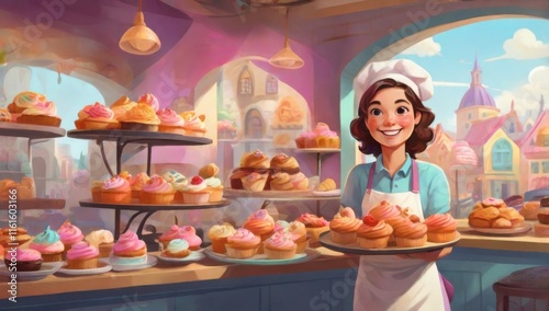 Whimsical Cartoon Bakery Shop Full of Sweets