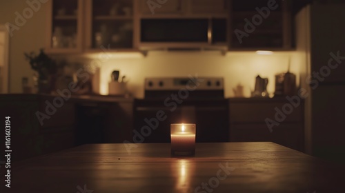 Dark room with single candle flickering on wooden table during power outage, creating serene atmosphere with soft glow illuminating scattered items. photo