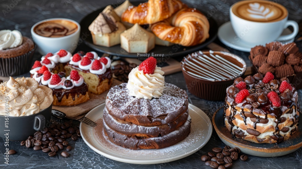 A delightful assortment of cakes, pastries, and coffee arranged beautifully for enjoyment. A delightful assortment of cakes, pastries, and coffee arranged beautifully for enjoyment.