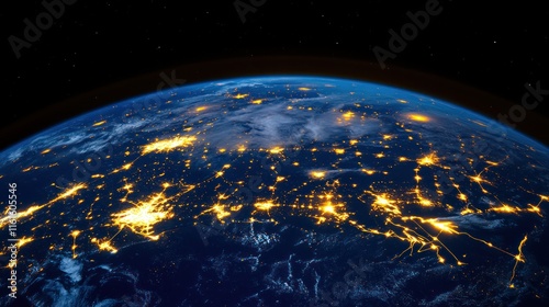 Earth at night, city lights glowing.