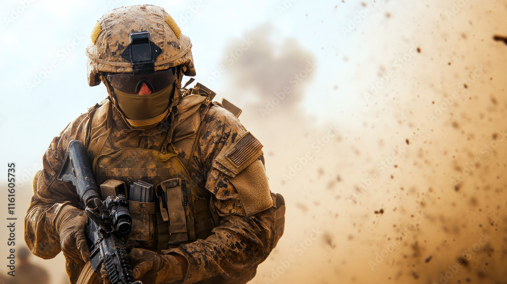 Fototapeta premium A fully equipped soldier moves through a battlefield as debris flies around, embodying resilience and dedication in a dynamic and chaotic environment.