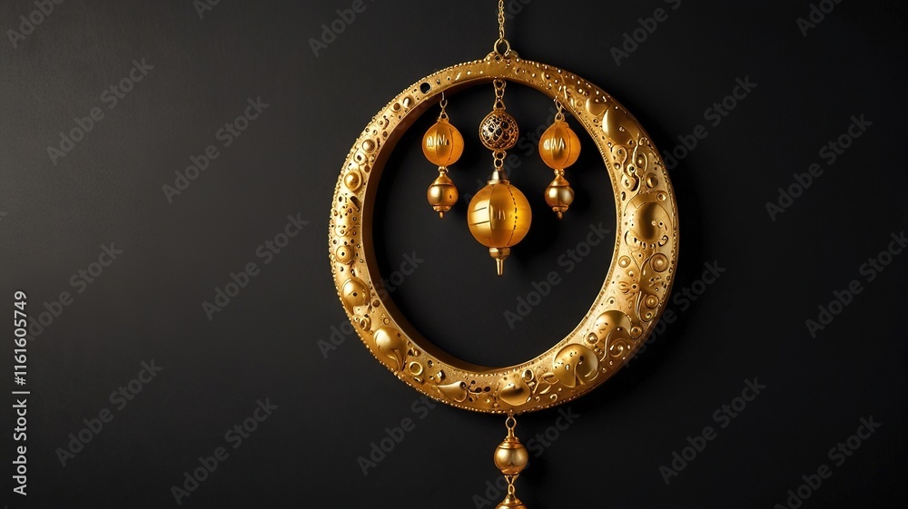 Ramadan moon decor with Islamic rosary beads and dates fruit. Ramadan moon decor with Islamic rosary beads and dates fruit.