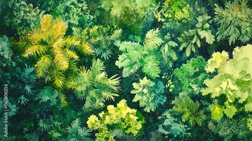 Aerial view of lush green rainforest canopy, vibrant tropical foliage. photo