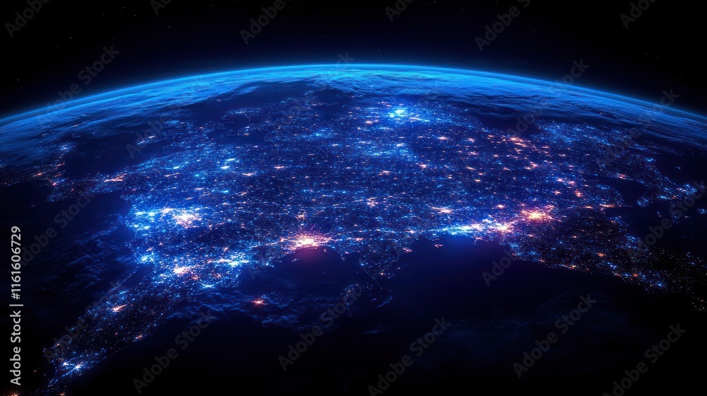 Obraz premium Earth's nighttime city lights illuminating Eurasia from space.