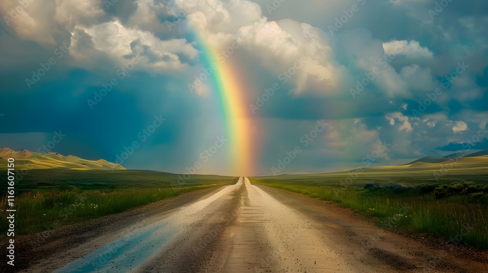 Vibrant Rainbow Over Rugged Road in Scenic Landscape View Vibrant Rainbow Over Rugged Road in Scenic Landscape View