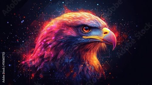 A vivid, digital illustration of a majestic eagle, a futuristic with neon colors and intricate geometric patterns photo